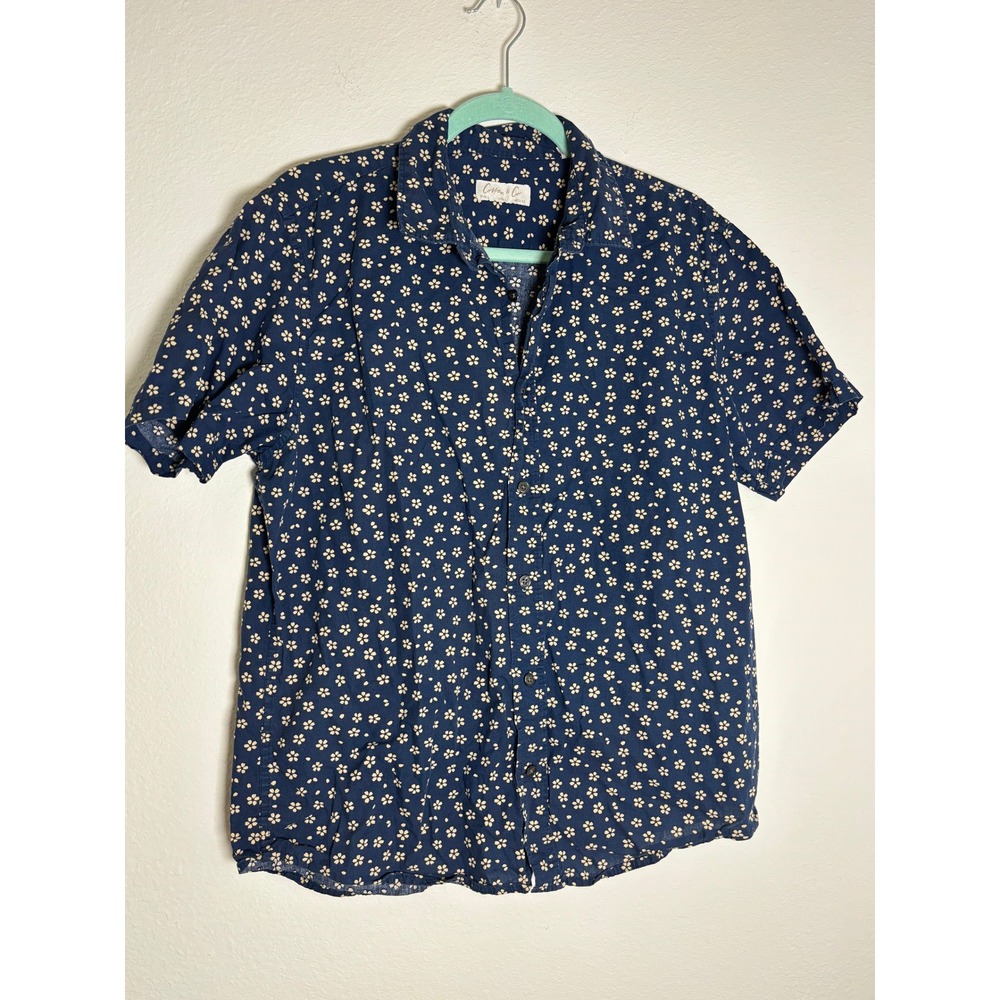 Cotton & Co Mens Short Sleeve Button Down Shirt Navy Blue Floral Print Large‎